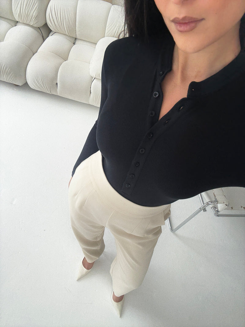 Ribbed Second Skin Buttoned Bodysuit | Classic Noir