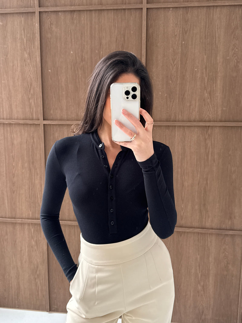 Ribbed Second Skin Buttoned Bodysuit | Classic Noir