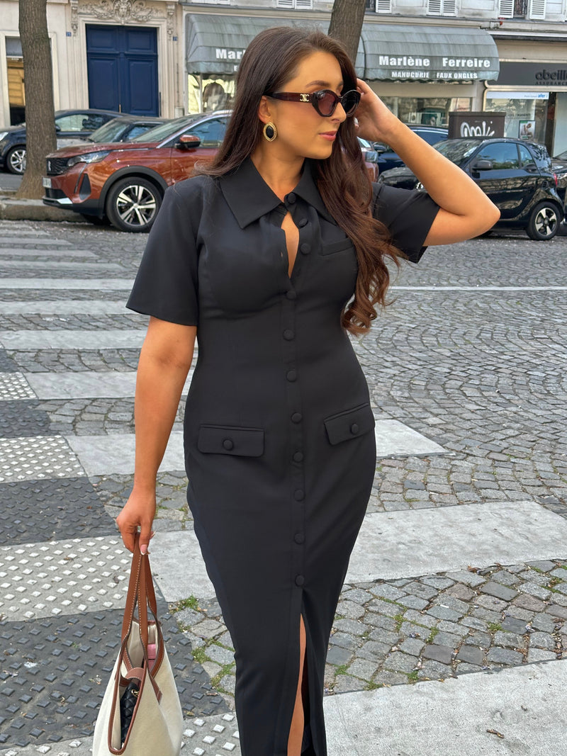 Short Sleeve Sculpting Buttoned Maxi Dress | Classic Noir