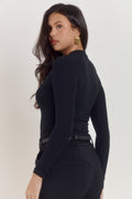 Black long sleeve cotton bodysuit with smooth second skin finish.