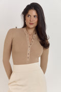 Caramel Créme fitted Henley bodysuit crafted from breathable cotton rib fabric.