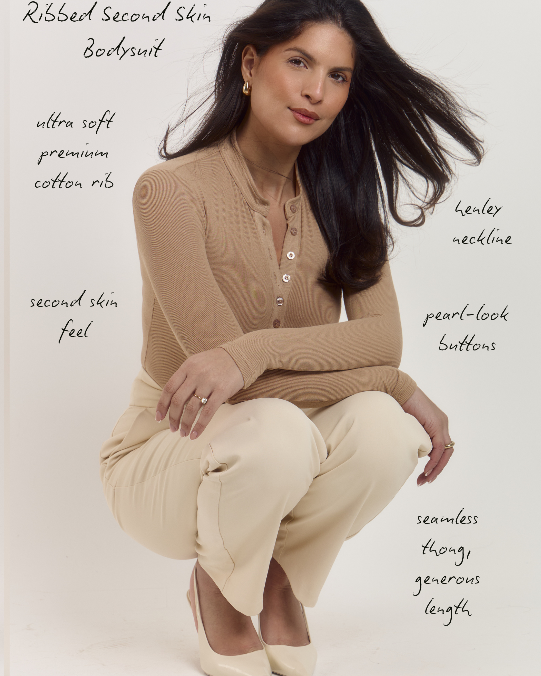 Women’s tan long sleeve cotton rib bodysuit styled for smart casual wear.