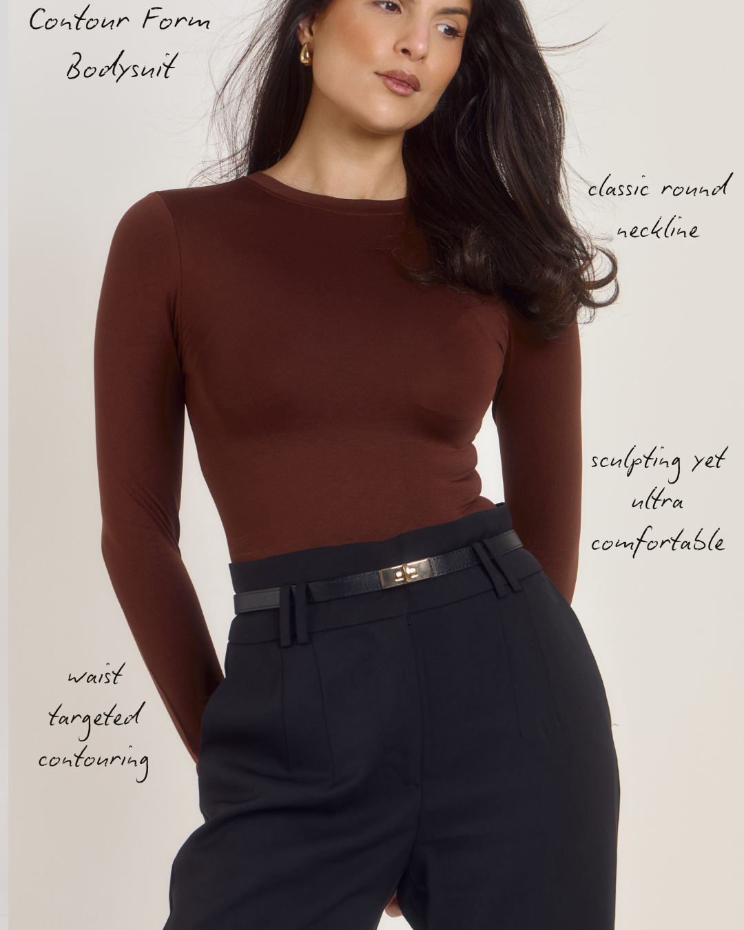 Chocolate brown sculpting bodysuit with adjustable popper fastening