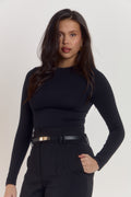 Black long sleeve compression bodysuit with targeted waist shaping and rounded neckline.