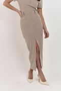 Luxury taupe pinstripe workwear set with sculpting polo collar and streamlined midi skirt.