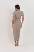 Model wearing taupe pinstripe polo blouse and matching midi skirt, elegant office ready two-piece set.