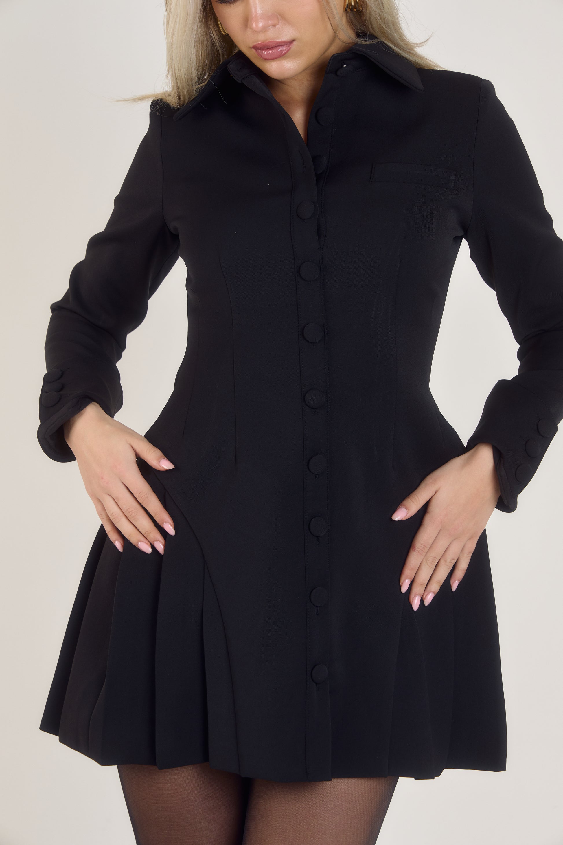 Structured Long Sleeve Pleated Mini Dress | Black - Ardore London Structured Long Sleeve Pleated Mini Dress | Black - Ardore London
