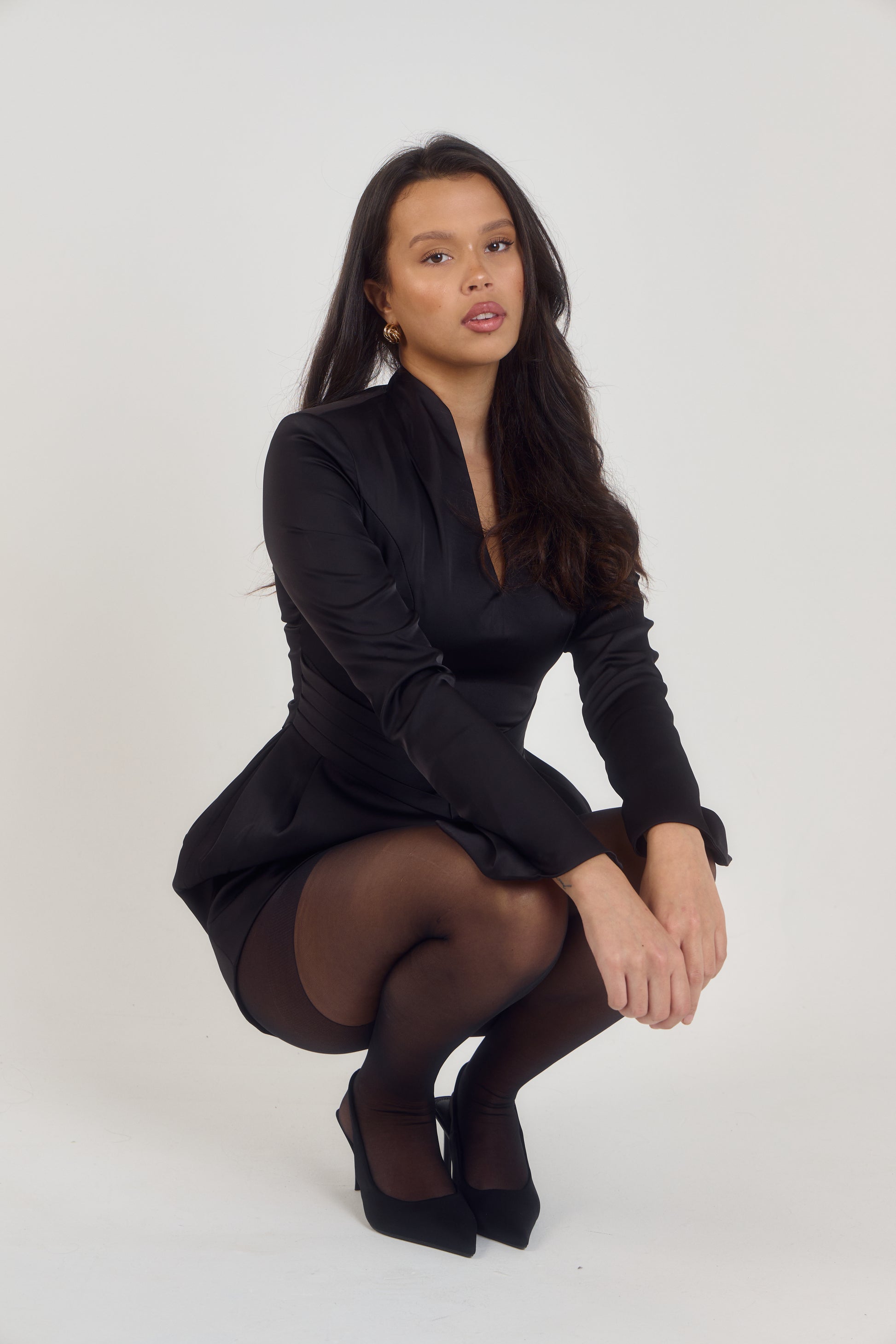 Signature Pleated Waist Volume Mini Dress | Satin Noir Signature Pleated Waist Volume Mini Dress | Satin Noir