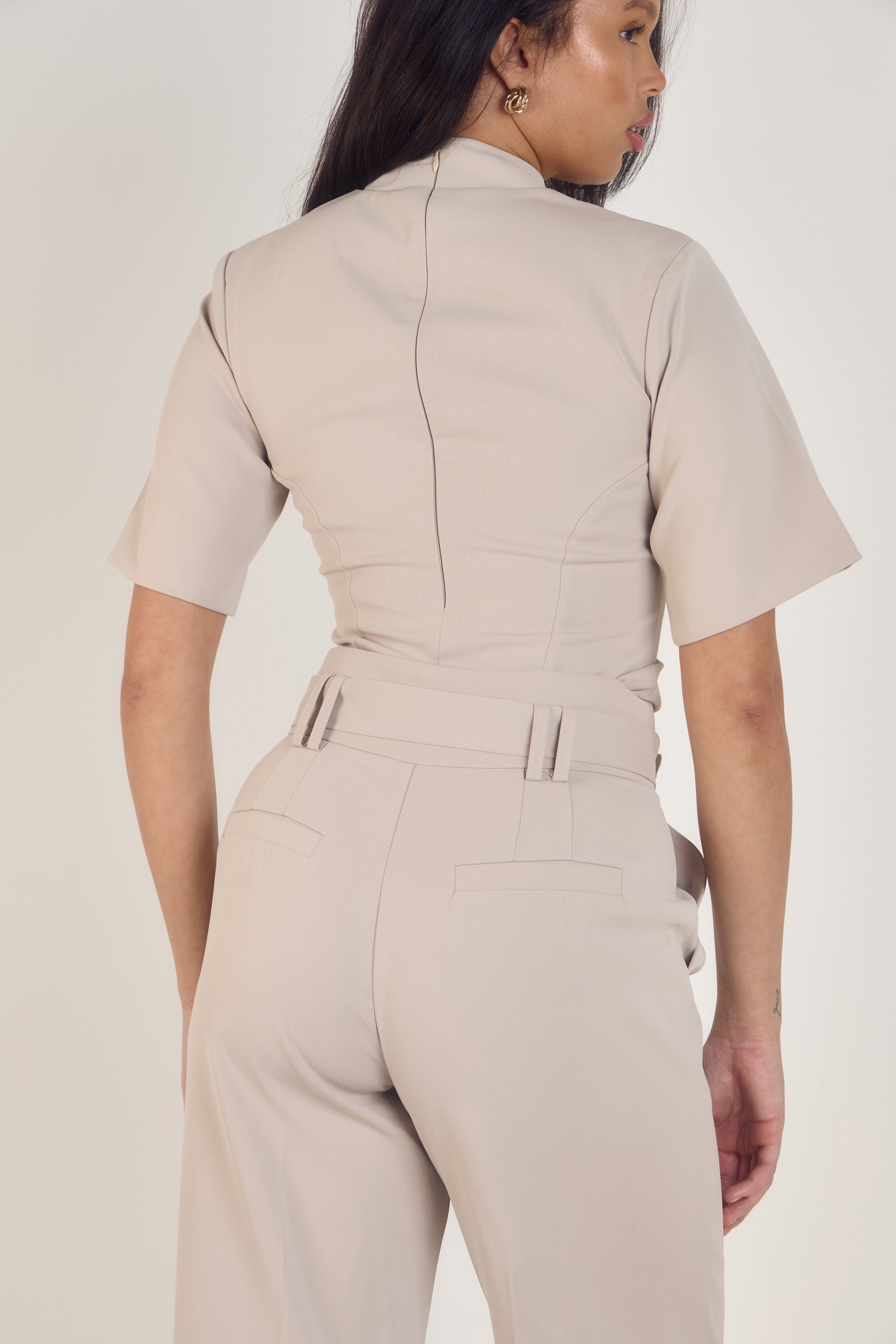 Ardore London Neutral High Neck Smart Office appropriate top, sculpted and flattering, bigger bust friendly top, work blouse