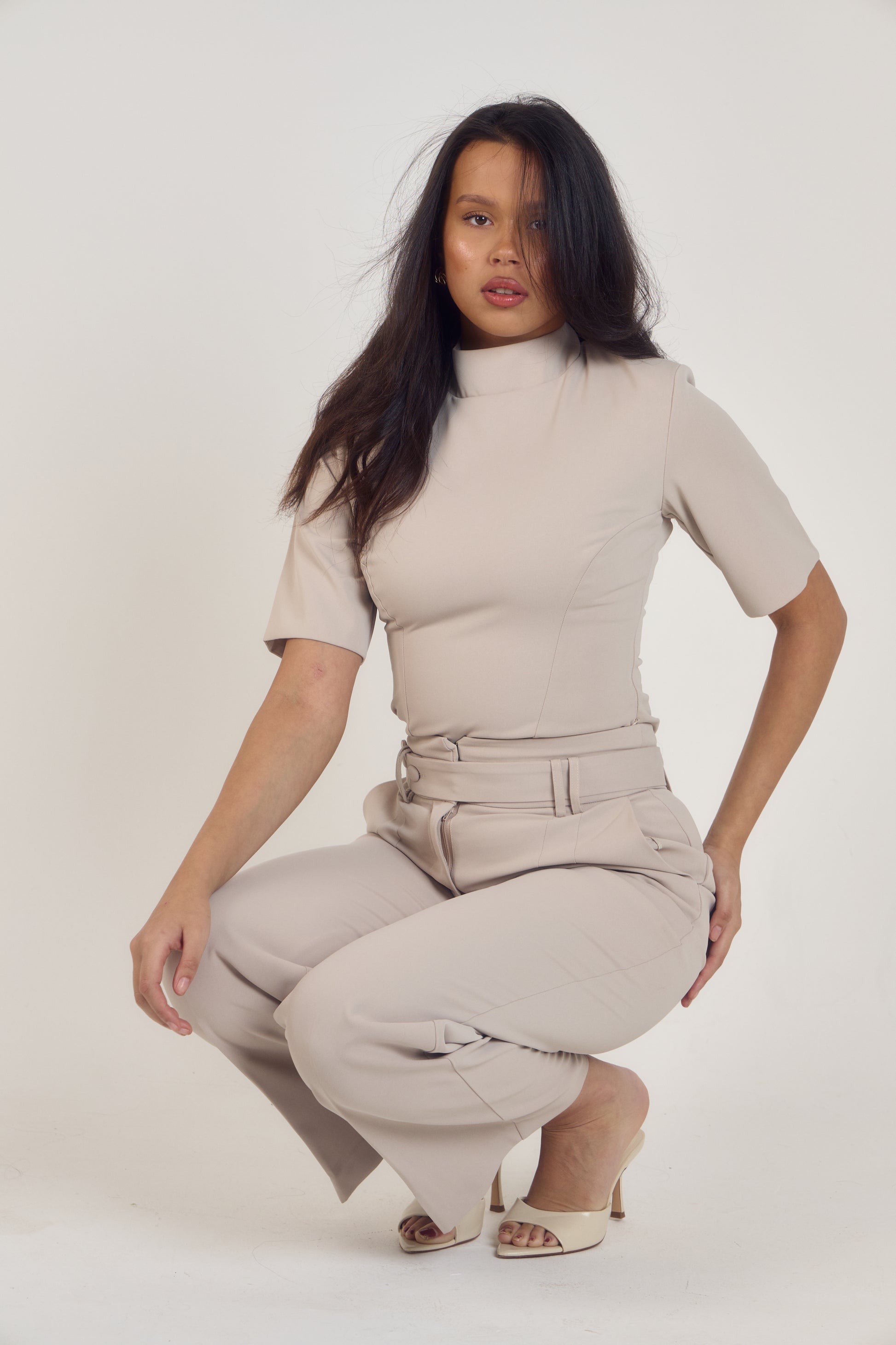 Ardore London Neutral High Neck Smart Office appropriate top, sculpted and flattering, bigger bust friendly top, work blouse