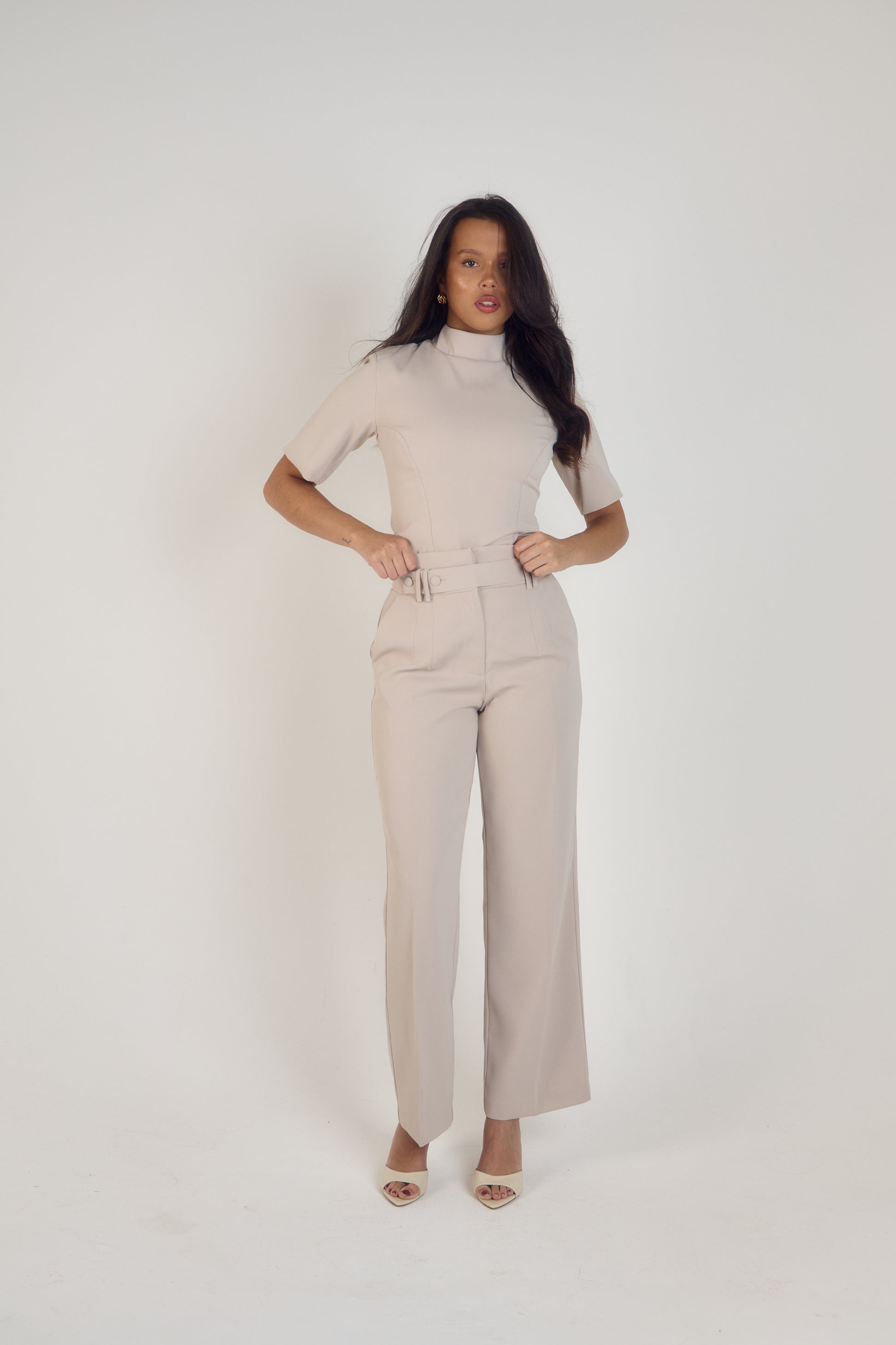 Ardore London Neutral High Neck Smart Office appropriate top, sculpted and flattering, bigger bust friendly top, work blouse