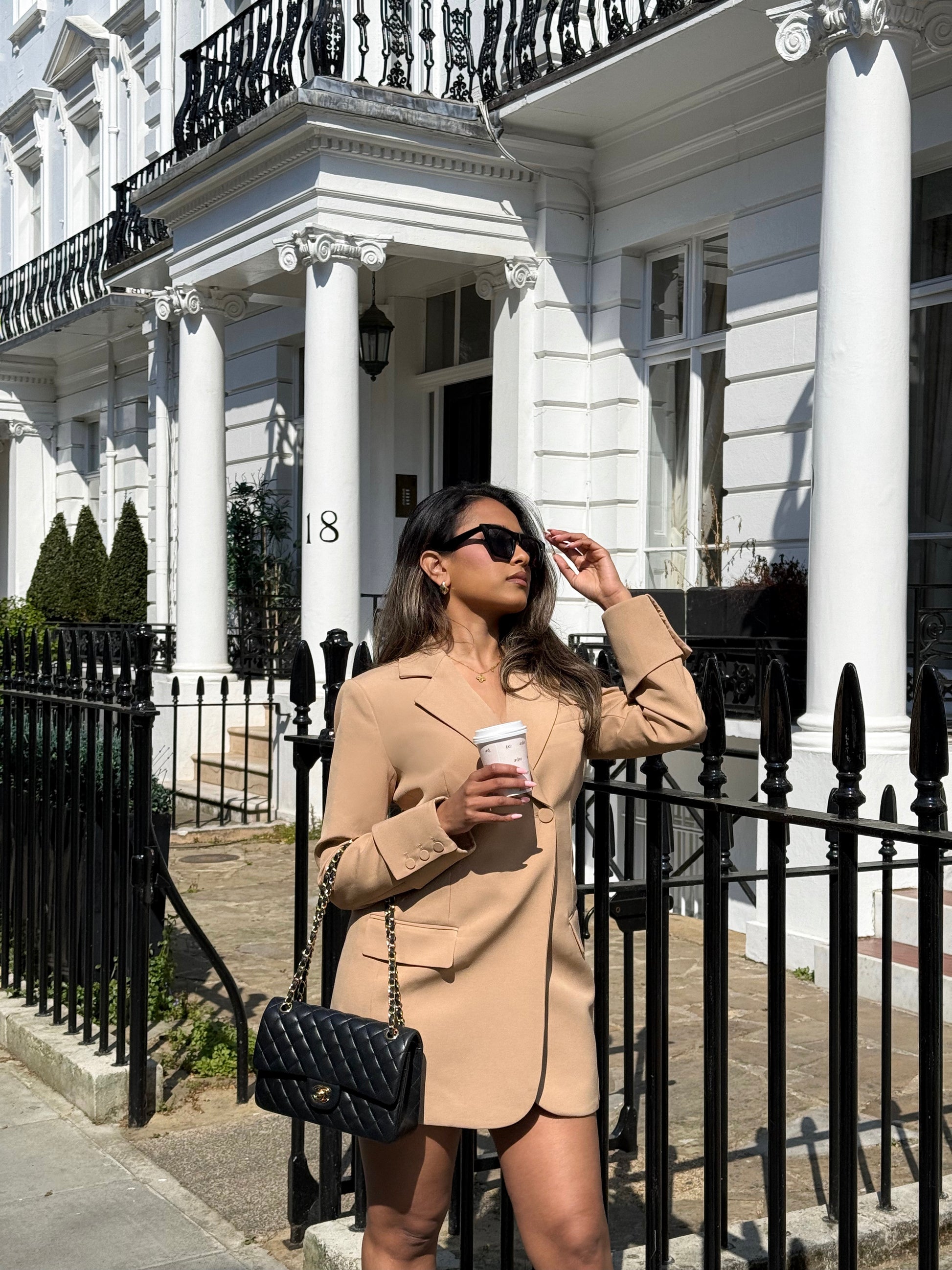 Ardore London caramel blazer dress side view without belt, showcasing a tailored silhouette and structured shoulders.