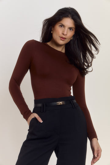 Chocolate brown sculpting bodysuit with adjustable popper fastening