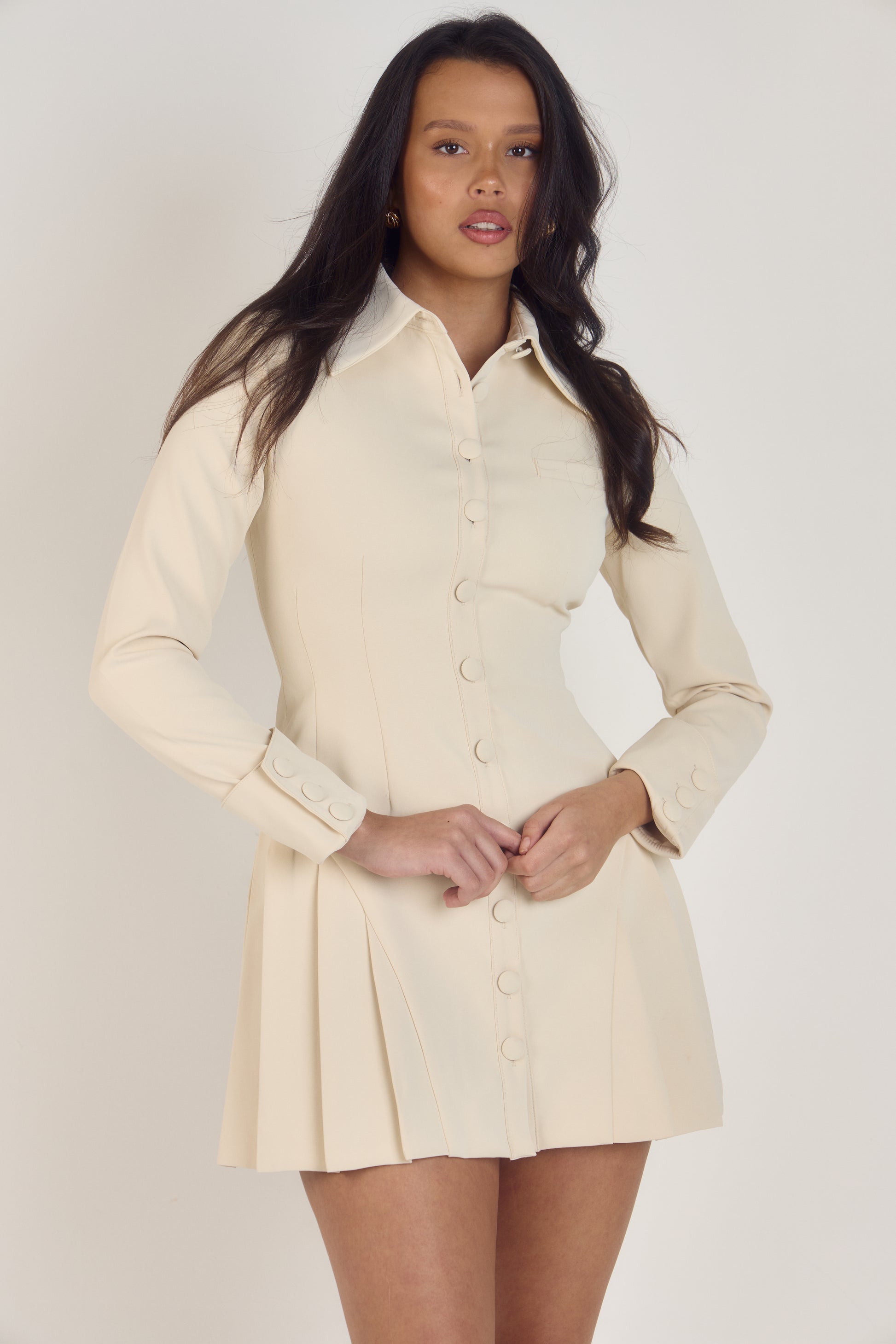 Structured Long Sleeve Pleated Mini Dress | Cream - Ardore London Structured Long Sleeve Pleated Mini Dress | Cream - Ardore London