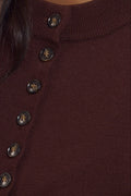 Espresso brown high neck cardigan with flattering tailored silhouette