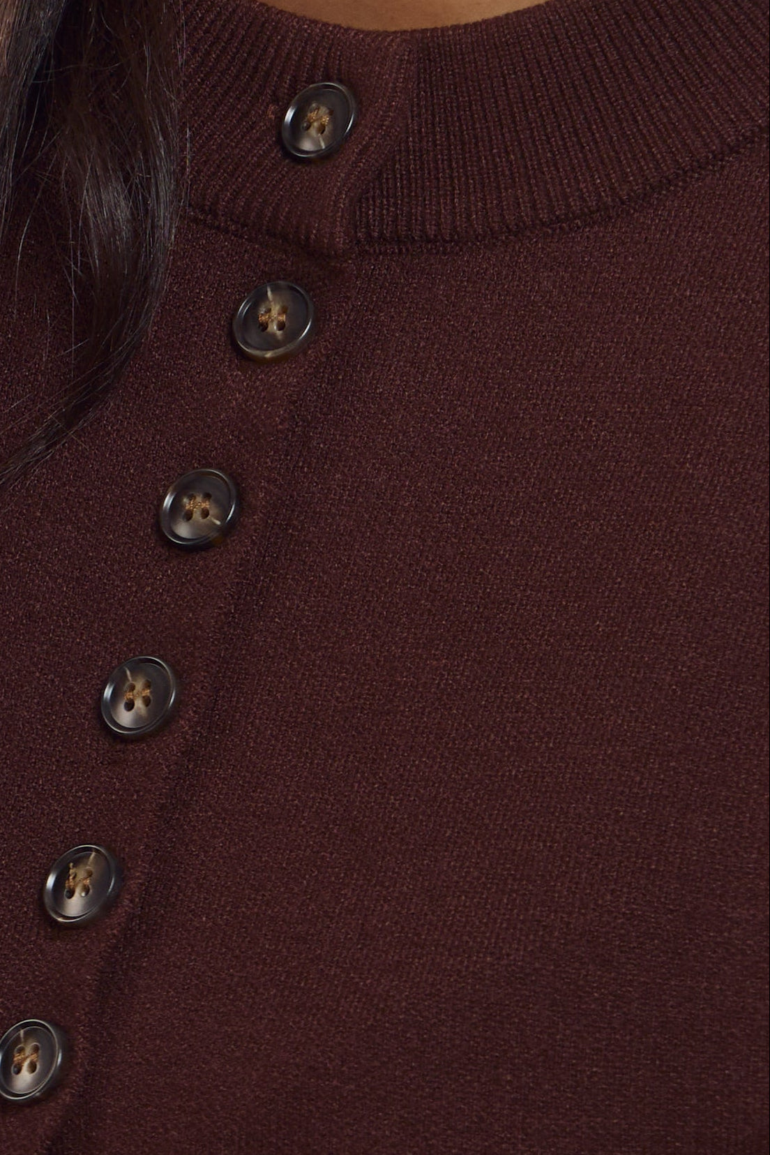 Espresso brown high neck cardigan with flattering tailored silhouette