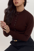Espresso brown high neck cardigan with flattering tailored silhouette
