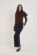 Ardore London espresso brown high neck cardigan with sculpting waist and tortoiseshell buttons