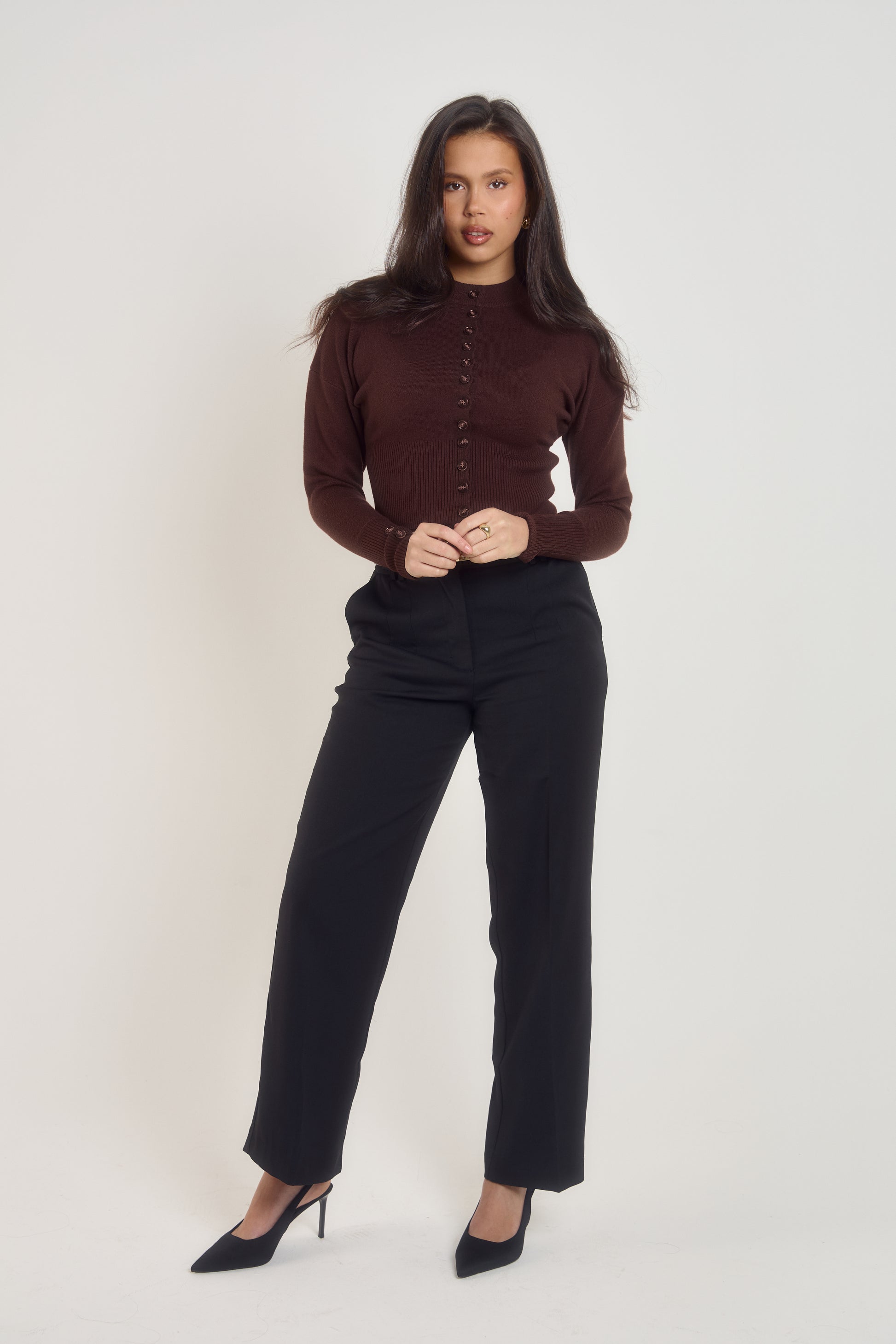 Women’s espresso brown buttoned cardigan with structured fit and long sleeves