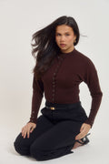 Premium espresso brown long sleeve cardigan with waist defining fit