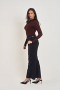 Luxury espresso brown cardigan with sculpted waist and tortoiseshell button detail
