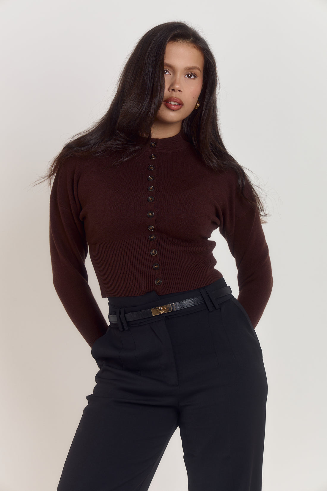 Ardore London premium thick espresso brown cardigan with high neckline