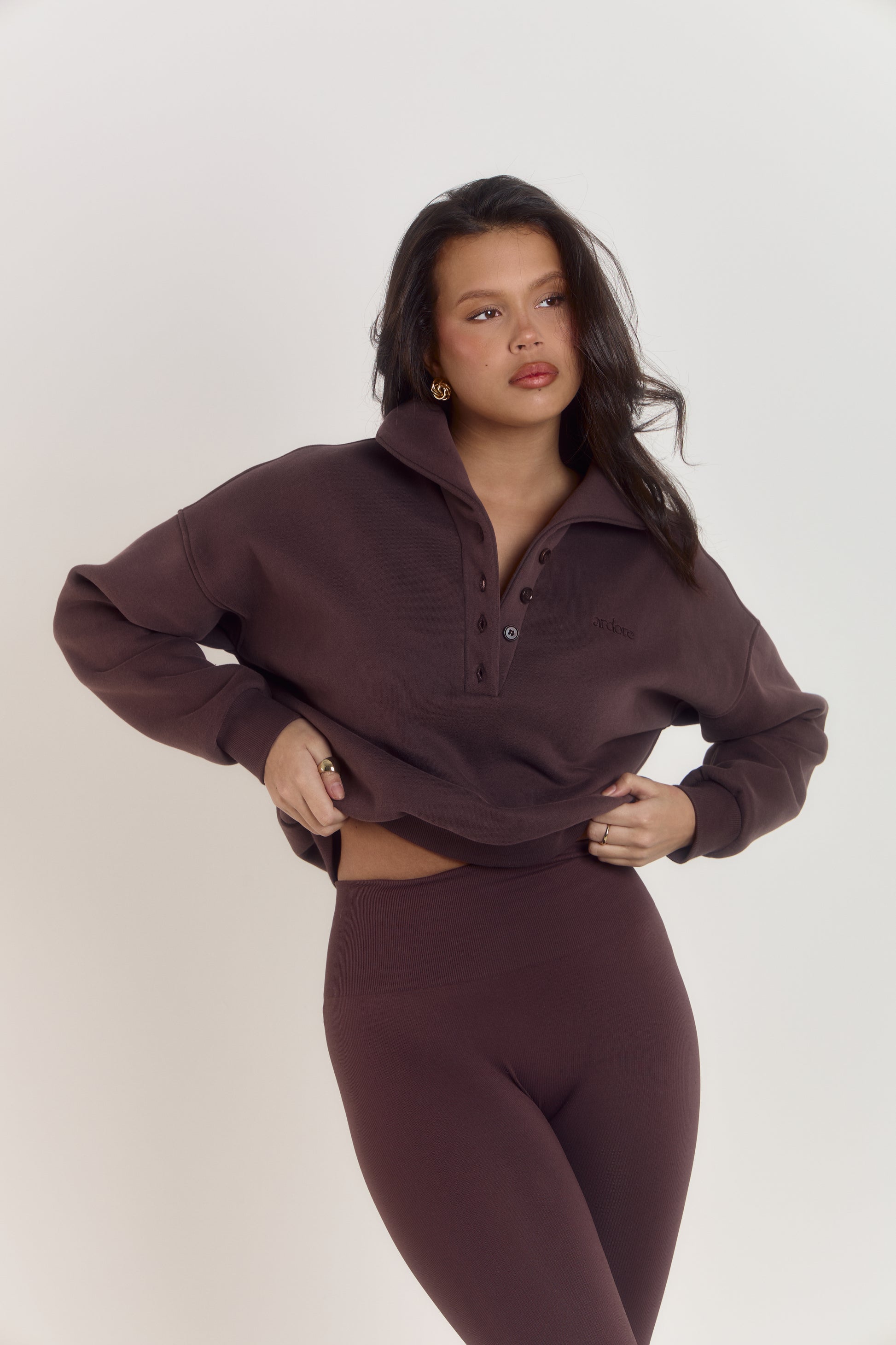 Ardore London relaxed fit brown cotton collared heavy weight sweater for women