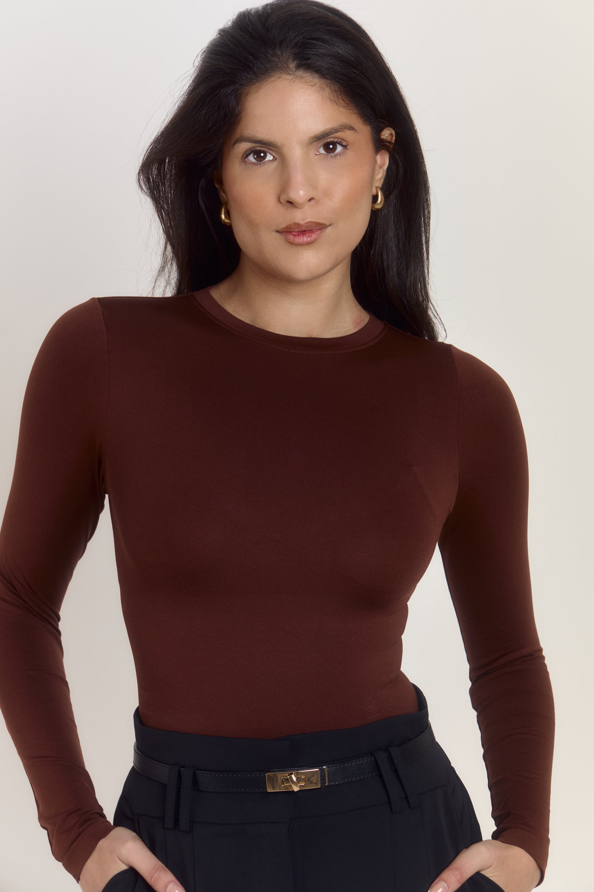 Premium thick shaping bodysuit in rich chocolate brown with rounded neckline