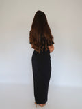 Back view of Ardore London Sculpting Short Sleeve Buttoned Maxi Dress in Classic Noire, featuring the elegant structured silhouette, long back zip, and fully lined design for a smooth, chic look.