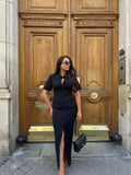 Full front view of Ardore London Sculpting Short Sleeve Buttoned Maxi Dress in Classic Noire, showcasing the chic, structured silhouette, signature curved seams, fabric-covered buttons, and exaggerated collar for a timeless, flattering look.