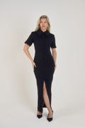 Full front view of Ardore London Sculpting Short Sleeve Buttoned Maxi Dress in Classic Noire, showcasing the chic, structured silhouette, signature curved seams, fabric-covered buttons, and exaggerated collar for a timeless, flattering look.