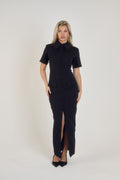 Full front view of Ardore London Sculpting Short Sleeve Buttoned Maxi Dress in Classic Noire, showcasing the chic, structured silhouette, signature curved seams, fabric-covered buttons, and exaggerated collar for a timeless, flattering look.