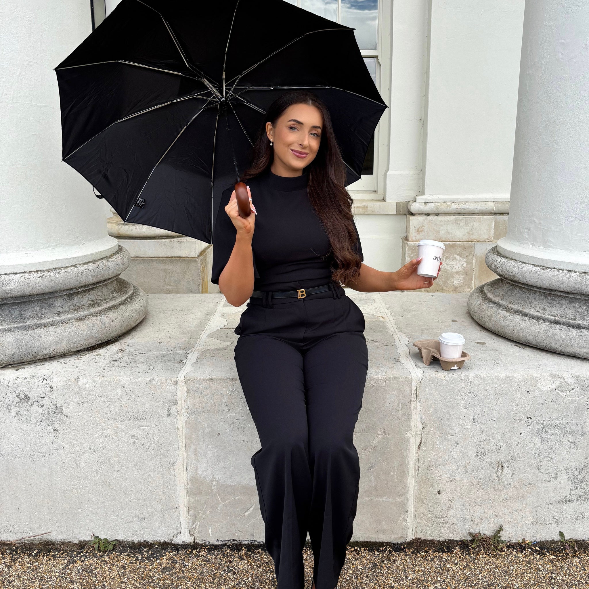 Ardore London Tailoring Sculpted High Neck Top and Tailoring Belted Wide Leg Trousers in Classic Noire, styled together for a sophisticated office-ready look in premium soft fabric