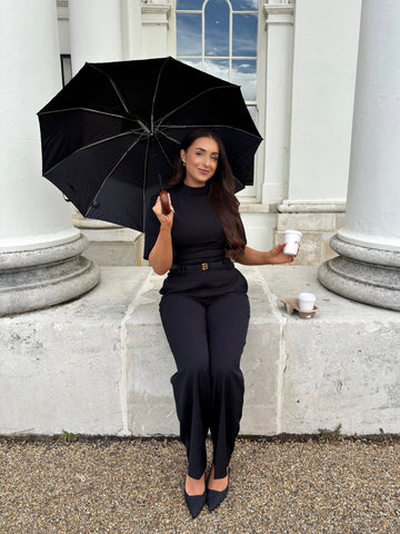 Ardore London Tailoring Sculpted High Neck Top and Tailoring Belted Wide Leg Trousers in Classic Noire, styled together for a sophisticated office-ready look in premium soft fabric