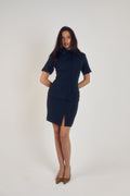 Ardore London Sculpting Short Sleeve Buttoned Knee Length Dress in Midnight Bleu, offering a polished, office-ready look with flattering curved seams, structured collar, and functional pockets for a sleek, professional appearance