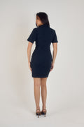 Ardore London Sculpting Short Sleeve Buttoned Knee Length Dress in Midnight Bleu, offering a polished, office-ready look with flattering curved seams, structured collar, and functional pockets for a sleek, professional appearance