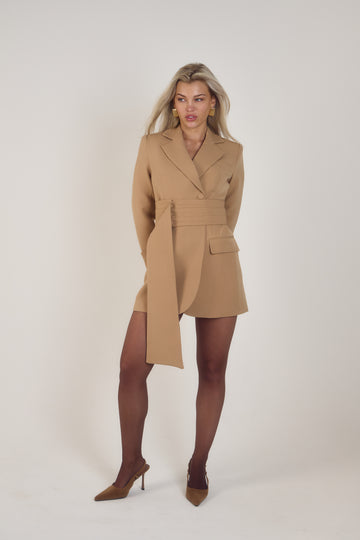 Front view of the Signature Oversized Belted Blazer Dress in Caramel Crème by Ardore London, featuring an oversized silhouette with a belted waist, soft caramel tone, and structured tailoring for effortless modern elegance