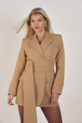 Front view of the Signature Oversized Belted Blazer Dress in Caramel Crème by Ardore London, featuring an oversized silhouette with a belted waist, soft caramel tone, and structured tailoring for effortless modern elegance