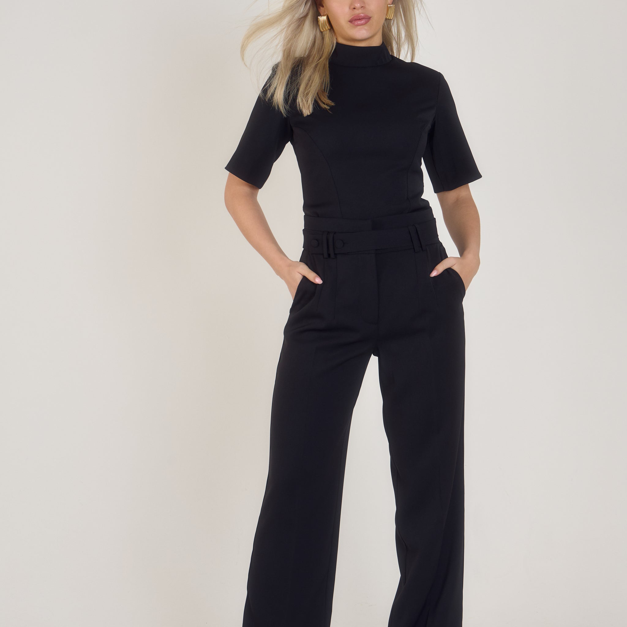 Ardore London Tailoring Flattering Belted Wide Leg Trousers in Classic Black, styled together for a sophisticated office-ready look in premium soft fabric