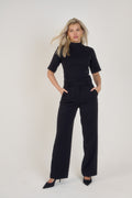Ardore London Tailoring Flattering Belted Wide Leg Trousers in Classic Black, styled together for a sophisticated office-ready look in premium soft fabric