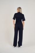 Ardore London Tailoring Flattering Belted Wide Leg Trousers in Classic Noire, styled together for a sophisticated office-ready look in premium soft fabric