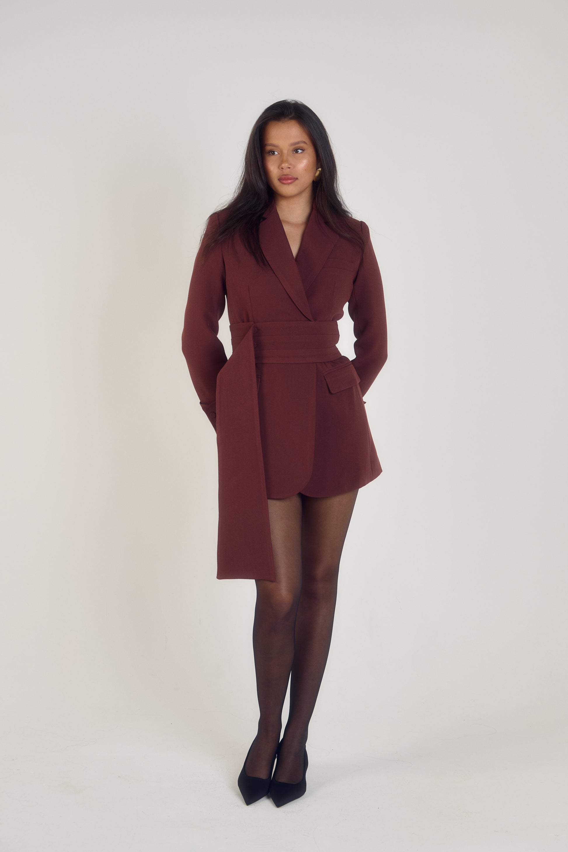 brown oversized blazer dress Strappy Detail Blazer Dress In Brown Woven | EGO US