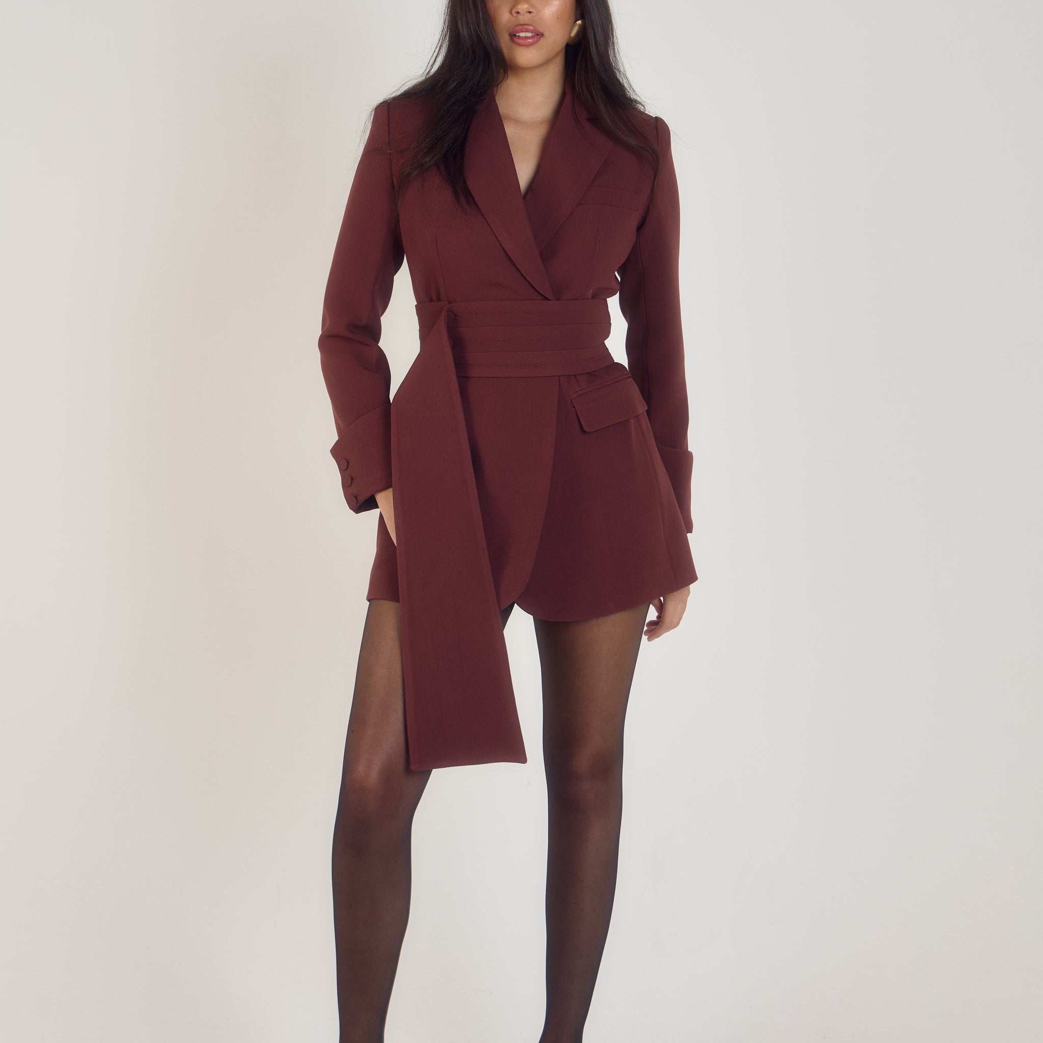 Premium Oversized Belted Blazer Dress | Cherry Chocolate